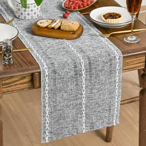 lot 15857 image: Mode Dark Grey Rustic Cotton Linen Table Runner, Seasonal Embroidered Hollow Kitchen Dining Table Decoration for Home Party Decor 13x90 Inch - Retail $14