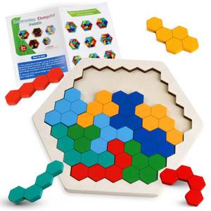 lot 15858 image: Wooden Blocks Puzzle for Kid Adults Brain Teaser Hexagon Puzzles Games Toy Shape Pattern Block Tangram Geometry Logic IQ STEM Montessori Educational Gift for Kids Boys Girls Challenge - Retail $8