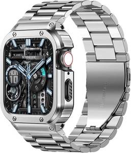 lot 15865 image: Stainless Steel Band and Case Compatible with Apple Watch Band 46mm Series 11 10, Men Metal Protective Bumper Cover for iWatch 46mm Series 1110, Silver - Retail $36