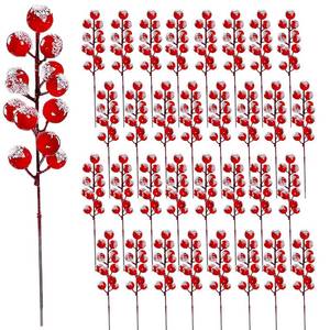 lot 15874 image: 32 Pack Christmas Tree Decoration, 8 Inch Artificial Snowy Red Frosted Berry Stems Christmas Picks Filler for Tree, Holly Berries Christmas Tree Ornaments Xmas Holiday Decor - Retail $20