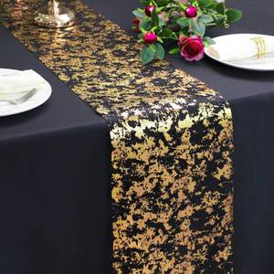lot 15884 image: 2 Pcs Black and Gold Table Runner, 11 x 108 Inch Gold Metallic Foil Glitter Runners for Party, Table Centerpieces Decorations for Birthday Wedding Graduation Fall Thanksgiving Christmas - Retail $10