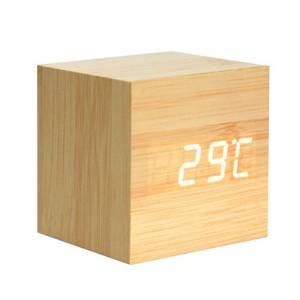 lot 15895 image: Wooden Alarm Clock - Mini Cube LED Digital Clock with TimeDateTemperature Display, 3 Levels Brightness and Voice Control Great for Home Office Travel - AC10Yellow_White - Retail $13