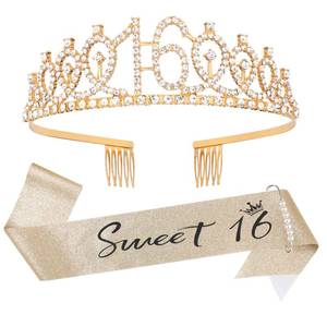 lot 15904 image: 16th Birthday Tiara and Sash Kit- Sweet 16Birthday Decorations 16th Birthday Party Gifts Birthday Party Supplies for Girls (gold) - Retail $10