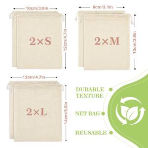 lot 15905 image: 3 Pack Reusable Produce Bags Cotton Mesh Produce Bags Mesh Storage Produce Bags Reusable Durable Double Stitched With Drawstring Produce Bag For Vegetables, Fruit & Grocery Shopping (only 2small ,1 med)  - Retail $8