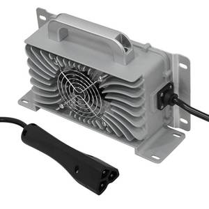 lot 15913 image: 15AMP 900W 48V Golf Cart Battery Charger for EZGO TXTRXV with 3-pin Triangular Plug and 16FT Cable Integrated Type, Silver - Retail $50