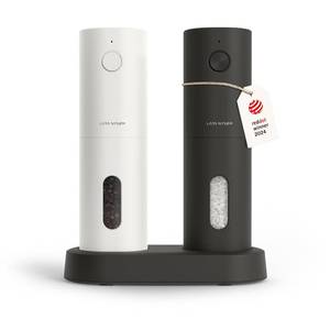 lot 15922 image: Electric Salt and Pepper Grinder Set, USB Rechargeable, Automatic Salt and Pepper Mills, Spice Shakers Refillable with LED Light, Adjustable Coarseness, Ceramic Grinder (BlackWhite) - Retail $55