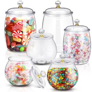 lot 15926 image: 6 Pcs Plastic Candy and Cookie Jar with Lids Decorative Apothecary Jars Candy Buffet Containers Clear Airtight Food Storage Canister Home Decoration(304264 oz, Classic, Stylish) - Retail $44