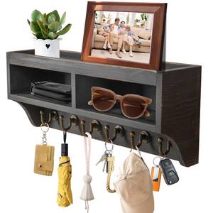 lot 15927 image: Key Holder Wall Mount - Mail Organizer Wall Mount with 6 Key Hooks and Storage Box for Sunglasses Storage and Dog Leash Holder Home Decor Rack Apartment Farmhouse Shelf Entryway Organizer (Black) - Retail $26