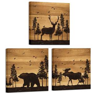 lot 15931 image: Bear Elk Moose Wall Pictures Forest Landscape Hunting Theme Woodland Animal Painting Framed Canvas Artwork Farmhouse Wall Decor 12x12x3 Panels - Retail $32