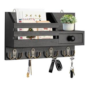 lot 15933 image: Key Holder Wall Mount, Wooden Adhesive Mail and Key Organizer with Drawer, Small Shelf, 8 Hooks, 2 Installation Methods, Black - Retail $20