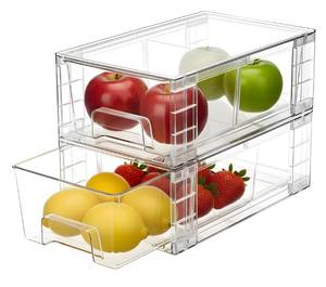 lot 15934 image: 2 Pack Stackable Storage Drawers, Plastic Organizers Bins, Drawers Storage with Handles and Movable Dividers for Organization and Storage in Fridge, Bathroom, Pantry, Kitchen Cabinets, Under Sink - Retail $23