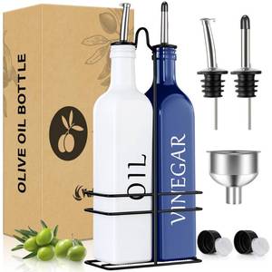 lot 15940 image: Oil and Vinegar Dispenser Set - 17oz500ml, Extra Thick Glass, Leak-Proof, Olive Oil Dispenser Bottle for Kitchen (White Blue). MISSING ACCESSORIES. - Retail $21
