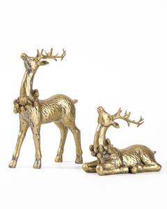 lot 15942 image: 2pcs Gold Christmas Reindeer Figurines, Tabletop Reindeer Christmas Decor Indoor, Small Resin Xmas Brass Deer Decorations for Home Mantel Decor - Retail $26