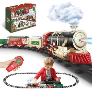 lot 15956 image: Remote Control Train Set for Kids Ages 3-8 with Steam, Lights and Sounds, Electric Toy Train with 4 Cars and Tracks for Indoor Play and Holiday Decor - Retail $60