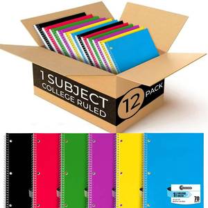 lot 15962 image: Spiral Notebook, 12 Pack, 1 Subject, College Ruled, 70 Sheets, 8 x 10-12, 3 Hole Punched, Bulk College Ruled Notebooks for School, Single Subject Spiral Notebook Bulk, Assorted Colors - Retail $19