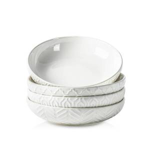 lot 15965 image: Pasta Bowls Set of 4-30oz Large Ceramic Embossed Bowl Plates, 8.5 Inch Wide and Shallow Plate Bowls, Salad Bowl, Microwave, Oven & Dishwasher Safe, White - Retail $36
