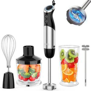 lot 15972 image: Immersion Blender Handheld, 1000W 12-Speed 5 in 1 Hand Mixer Stick Blender with 304 Stainless Steel Blade, Food Processor, Beaker, Egg Whisk&Milk Frother, Non-BPA, Smoothies Pur�e Baby Food. CUPS SHOWS VISIBLE USE. - Retail $35