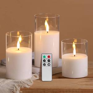 lot 15980 image: Clear Glass Flameless Candles with Remote Timer, Flickering Battery LED Pillar Candles Set of 3 - Retail $27