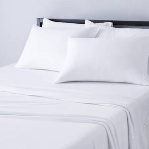 lot 15985 image: Amazon Basics 4 Piece Bed Sheet Set, 100% Cotton Jersey, Includes Super Soft, Flat and Fitted Sheets, Pillowcase, King, White, Solid - Retail $45