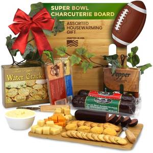 lot 3667 image: Gift Basket Village Charcuterie Board Gift Set Bamboo Cutting Board, Three-Pepper Crackers, Italian Sausage, Wisconsin Cheese, Cheese Spread, and Knife Wedding or Housewarming Gift