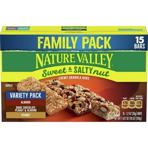 lot 3807 image: Nature Valley Sweet & Salty Nut Chewy Granola Bars  15 Ct Variety Family Pack  18 Oz  (Almond  Dark Chocolate Peanut & Almond  Peanut)