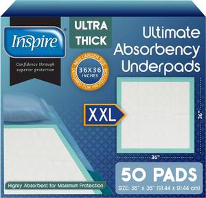 lot 9294 image: Inspire Extra Large Super Absorbent Disposable Bed Pads for Chronic Incontinence Ultra Thick and Absorbent Bed Pads Disposable Adult  Pee Pads for Adults (36 X 36 Pack of 50)
