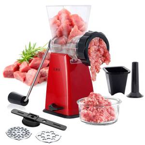 lot 9333 image: LHS Manual Meat Grinder with Stainless Steel Blades Heavy Duty Powerful Suction Base for Home Use Fast and Effortless for All Meats-Red