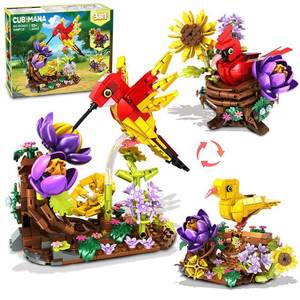 lot 9335 image: CUBIMANA 3 in 1 Birds Nest Building Toy - Flowers Birdhouse Cardinal Hummingbird Canary Building Blocks Set for Home Office Art Decor Animal Birds Model Valentines Gift for Adults Teens Kids