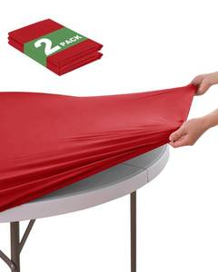 lot 9343 image: KeyWave Round Fitted Table Covers - 40-44 Inch Spandex Water-Resistant Tablecloth with Elastic, 2 Pack Circle Table Cloths for Kitchen Dining Room, Red