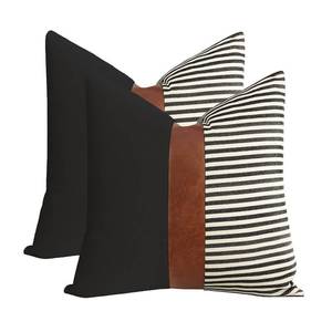 lot 9349 image: cygnus 20x20 Pillow Covers Set of 2 Farmhouse Decor Stripe Patchwork Linen Throw Pillow Covers Modern Faux Leather Covers for Couch Sofa, Black