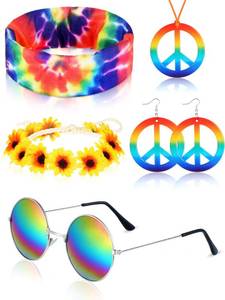 lot 9352 image: Frienda 5 Pcs Hippie Costume Set Glasses Headband Peace Sign Earrings Necklaces Tie Dye Bandana Hippie Accessory for 60s 70s(Rainbow Style)