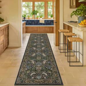 lot 9379 image: 12ft Extra Long Vintage Runner Rugs for Hallways - 3x12 Wide Kitchen Runners, Entryway Rug, with Flowers and Leaves, Washable Non Slip Low Pile