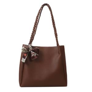 lot 9397 image: Women Tote Bag, PU Leather Handbag Decorative Ladies Shoulder Bag for Work Travel Daily, Zipper Twisted Rope Strap Purses, Brown