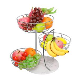 lot 9409 image: Livabber Fruit Basket Bowl with Banana Hanger, Metal Fruit Vegetable Storage Basket with Banana Holder for Kitchen Counter, Detachable Organizer for Bread Snack Produce (Chrome, 3-Tier Marble Base)