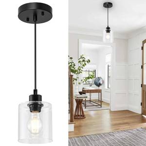 lot 9411 image: Capaaobc 1 Light Pendant Lights Kitchen Island, Modern Farmhouse Hanging Light Fixture, 39Inches Adjustable Black Ceiling Light for Dining Room, E26 Base, Clear Glass Shape