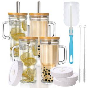lot 9415 image: 24oz Ribbed Glass Tumbler With Handle,4Pack Glass Cup with Lids and Straws,Reusable Glass Iced Coffee Cups With lids,Mason Jar Cup&Drinking Glasses for Smoothie,Shake,Juice,Soda Water,Tea,Travel Cup