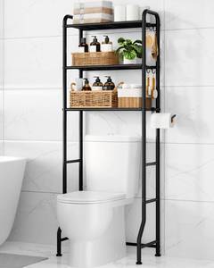 lot 9422 image: Kitsure Over Toilet Storage Rack - Metal Over Toilet Bathroom Organizer Shelf, Over The Toilet Storage Cabinet with Paper Holder and Hooks, Bathroom Cabinet for Laundry, Black, 3 Tiers (63.2 H)