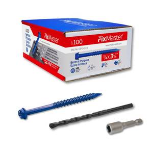 lot 9431 image: FixMaster 14 x 3-14 Hex Head Blue Concrete Screw Anchors (100 pcs Screw Kit) with one Screwdriver and Drill Bit for Concrete, Masonry, Block, Brick and Wood Fastening