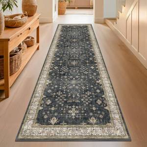 lot 9455 image: Dark Washable Long Runners for Hallways, 26x8 Wide Kitchen Runner Rug, Entryway Indoor Rug, Non Slip Rubber Backing Boho Vintage Floor Decor, AshenMulti