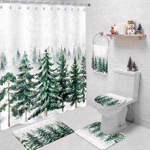 lot 9456 image: Maasechs 6 Pcs Winter Shower Curtain Sets Pine Tree Bathroom Set with Waterproof Shower Curtain 72 x 72 Inch Toilet Lid Cover Towel U Shap Rugs Non Slip Bath Mat Hook for Winter Holiday Bathroom Decor