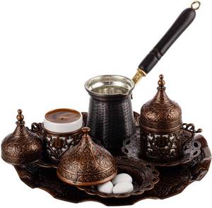 lot 9469 image: DEMMEX Turkish Greek Arabic Coffee Making and Serving Full Set with Cups Saucers Lids Sugar Bowl Tray and Copper Coffee Pot, Hand Decorated with Gold Crystals, 12 Pcs