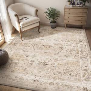 lot 9476 image: AMOAMI-4X6 Area Rugs for Living Room -Soft Vintage Bedroom Rugs-Non Slip Washable Rug-Throw for Living Room Bedroom Bedside Dining Room Office Beige