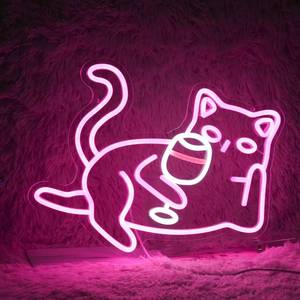 lot 9479 image: Cat Wine Glasses Neon Sign Dimmable LED Light Pink Cat For Wall Decoration Cocktail Neon Lights Powered By USB Light Up Signs For Bar Decor Living Room Cat cafe Art Dinning Room Cat Lover Gift