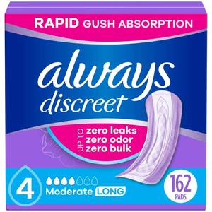 lot 9499 image: Always Discreet Adult Incontinence Pads for Women, Drier vs Poise, 4 Drop Long Length, Moderate Absorbency, Pads for Bladder Control Management, Bladder Leaks, & Postpartum Pads, 162ct