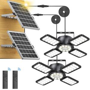 lot 9503 image: Solar Shed Light Outdoor Indoor Upgrade 1200LM 174LED 4 and 1 Heads Motion Sensor Pendant Light Daytime Work Light with 5 Lighting Modes Remote Control IP65 Waterproof for Barn Gazebo Shop 2 Pack&nbsp