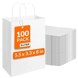 lot 9504 image: SUNEE 100 Pcs Gift Bags with Handles, 5.5x3.3x8 Inchs Small White Paper Gift Bags Bulk for Retail, Birthday Wedding Party Favors, Small Business and Paper Shopping Bag - White