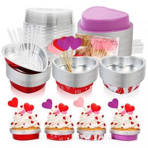 lot 9510 image: 60 Packs Heart Shaped Cake Pans with Lids, 9 oz 225ml Aluminum Mini Cake Pans, Foil Disposable Flan Pan Cupcake Tins Baking Pan for Valentines Mothers Day Party (White, Red, Pink, Red Heart)