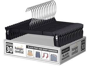 lot 9521 image: Hanger Central 30 Pack Pants Hangers 12 Inch Slim Plastic Clothes Hangers with Clips for Skirts, Shorts &amp Trousers Non Slip Grip, Heavy Duty Space Saver with Swivel Hook Black Closet Organizer
