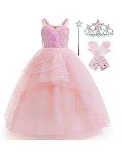 lot 9537 image: Xefenki Good Witch Glinda Costume Dress for Girls Halloween Cosplay Outfits With Crown Magic Wand and Gloves 8-9Y 140