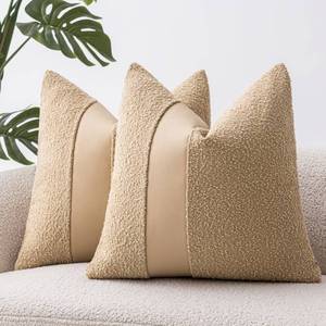 lot 9546 image: SINYASAN 22x22 Khaki Boucle Pillow Covers with Faux Leather Accents Set of 2 Fluffy Textured Decorative Throw Pillow Cases for Couch Bed Boho Farmhouse Square Cushion Covers for Home D�cor